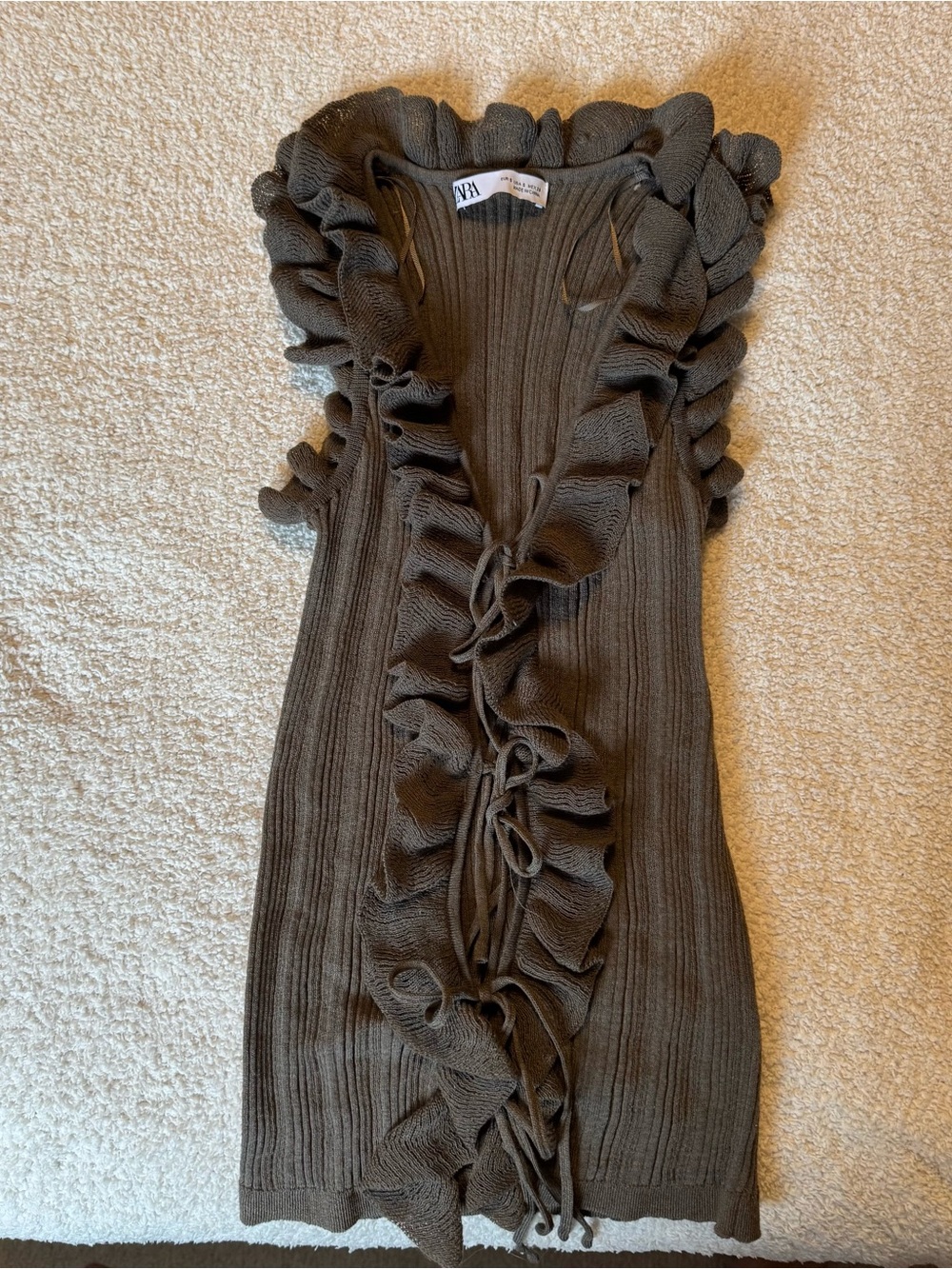 Zara Ruffled Knit Sleeveless Cardigan - Brown